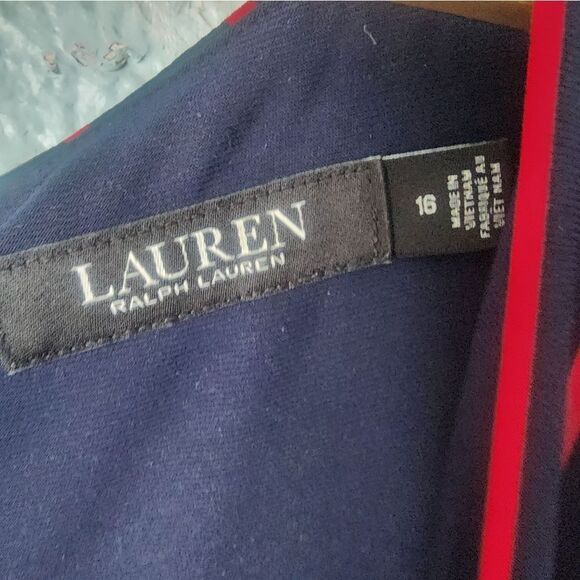 Ralph Lauren Red and Blue Ruched Faux Wrap Dress V-Neck - Picture 4 of 11